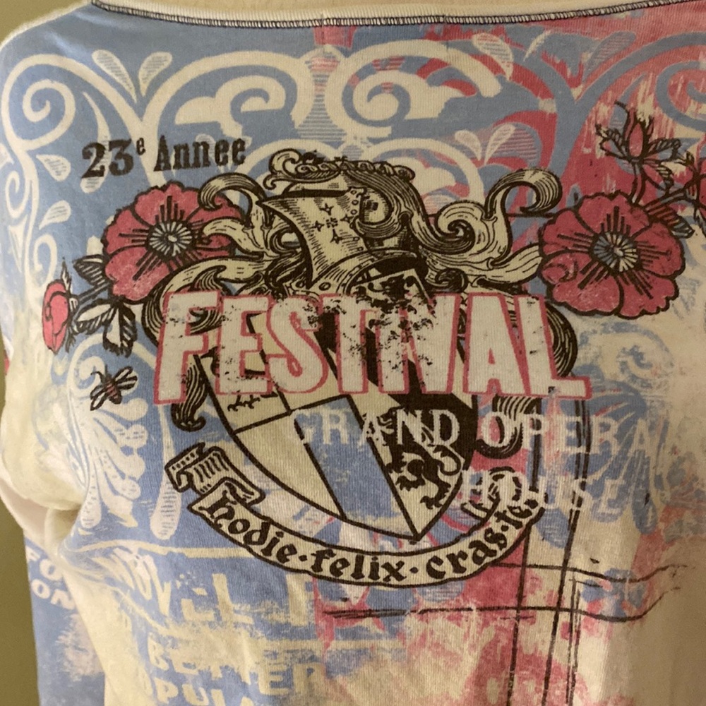 Vanilla Sugar vintage pink/blue/white floral sequin pullover w 3/4 sleeves